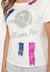 Biały Bawełniany T-shirt z Krótkim Rękawem Ozdobiony Nadrukiem z Cyrkoniami Abilena