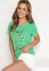 Zielony Bawełniany T-shirt Koszulka z Krótkim Rękawem z Nadrukiem i Cyrkoniami Harlina
