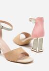 Brązowo-Różowe Sandały z Imitacji Skóry na Słupku z Metalicznym Akcentem Zapinane na Sprzączkę Liannesa