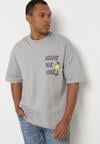 Szara Bawełniana Koszulka T-shirt z Krótkim Rękawem z Nadrukiem na Plecach i Przodzie Civia