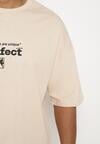 Beżowa Bawełniana Koszulka T-shirt z Krótkim Rękawem Ozdobiony Nadrukami Citara
