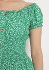 Zielona Bawełniana Sukienka w Drobne Kwiaty z Gumkami w Talii Fielita
