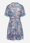 Niebiesko-Różowa Rozkloszowana Sukienka z Falbankami i Krótkim Rękawem Efiago