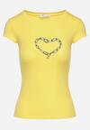 Żółty Bawełniany T-shirt Koszulka z Krótkim Rękawem Ozdobiona Nadrukiem Efira