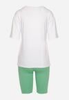 Zielono-Biały Komplet T-shirt z Ozdobnym Nadrukiem Szorty Typu Kolarki Dresowy Wanesia