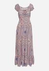 Różowo-Granatowa Wiskozowa Sukienka o Rozkloszowanym Kroju z Wiązaniem przy Dekolcie i Gumką w Talii Wicia