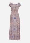 Różowo-Granatowa Wiskozowa Sukienka o Rozkloszowanym Kroju z Wiązaniem przy Dekolcie i Gumką w Talii Wicia