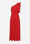 Czerwona Asymetryczna Sukienka o Rozkloszowanym Fasonie z Ozdobnymi Falbankami przy Ramionach Virama
