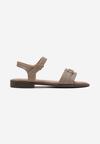 Ciemnobeżowe Sandały Płaskie z Imitacji Skóry Zapinane na Sprzączkę z Metalową Ozdobą Xolla