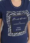 Granatowy Bawełniany T-shirt Koszulka z Krótkim Rękawem Ozdobiona Nadrukiem i Cyrkoniami Codara