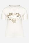 Biały T-shirt z Bawełny Ozdobiony Metalicznym Nadrukiem i Cyrkoniami przy Dekolcie Zanesti