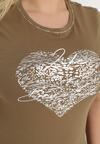 Ciemnozielony T-shirt Bawełniany z Krótkim Rękawem i Metalicznym Nadrukiem oraz Cyrkoniami Sanesti