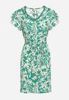 Zielona Sukienka z Krótkim Rękawem Ozdobiona Siateczką przy Dekolcie z Materiałowym Paskiem Meada