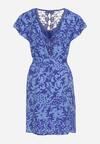 Niebiesko-Granatowa Sukienka z Krótkim Rękawem Ozdobiona Siateczką przy Dekolcie z Materiałowym Paskiem Meada
