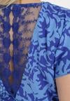 Niebiesko-Granatowa Sukienka o Pudełkowym Fasonie z Koronkową Wstawką i Materiałowym Paskiem Mleania
