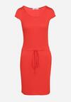 Czerwona Sukienka z Krótkim Rękawem ze Ściągaczem w Talii Dolati