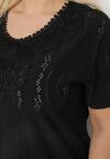 Czarny T-shirt Bluzka z Ażurowym Wzorem i Koronką Civina