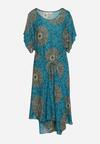 Niebieska Trapezowa Sukienka z Wiskozy z Krótkim Rękawem Wiązana w Pasie Joalla
