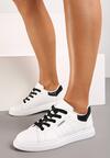 Biało-Czarne Płaskie Sznurowane Sneakersy Ozdobione z Tyłu Brokatem Quneria