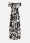 Czarno-Biała Rozkloszowana Sukienka z Wiskozy Typu Hiszpanka z Marszczonym Dekoltem Daleri