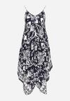 Granatowo-Biała Sukienka z Wiskozy o Asymetrycznym Fasonie na Ramiączkach w Abstrakcyjny Wzór Xapolia