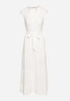 Biała Rozkloszowana Sukienka bez Rękawów z Wiązaniem w Talii Ellalin