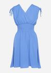 Niebieska Sukienka z Kopertowym Dekoltem Ściągana na Ramionach z Gumką w Talii Cornia