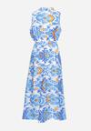 Niebieska Sukienka Rozkloszowana z Klapami przy Dekolcie w Abstrakcyjny Wzór Elebia