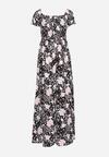 Czarno-Biała Rozkloszowana Sukienka w Kwiaty z Marszczonym Dekoltem Disteria