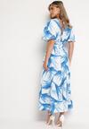 Niebiesko-Biała Sukienka z Kopertowym Dekoltem i Gumką w Pasie Wiązana na Plecach Iberi