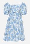 Niebieska Bawełniana Sukienka w Kwiatowy Print z Bufiastymi Rękawami Flospia