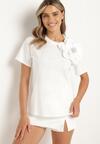 Biały Bawełniany T-shirt z Krótkim Rękawem i Aplikacją w Kształcie Kwiatu z Cyrkoniami Dimantee