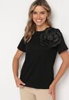 Czarny Bawełniany T-shirt z Krótkim Rękawem i Aplikacją w Kształcie Kwiatu z Cyrkoniami Dimantee