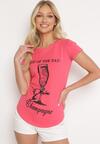 Różowy Klasyczny T-shirt z Bawełny Ozdobiony Nadrukiem Getantia