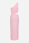 Różowa Asymetryczna Sukienka Koktajlowa na Jedno Ramię z Wycięciem i Metalową Klamrą Violea