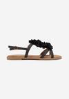 Czarne Płaskie Sandały z Kwiatami 3D Zapinane na Sprzączkę Elazi