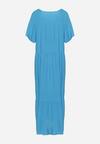 Niebieska Rozkloszowana Sukienka z Wiskozy z Krótkim Rękawem Berantia