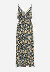 Granatowo-Żółta Sukienka z Wiskozy na Regulowanych Ramiączkach ze Ściągaczem w Kwiaty Zopolia