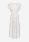 Biała Sukienka z Bawełny Zdobiona Haftem z Krótkim Rękawem i Materiałowym Paskiem Dimisha