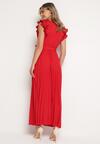 Czerwona Sukienka z Kopertowym Dekoltem i Falbanką z Gumką w Talii i Materiałowym Paskiem Tiamaraya