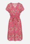Różowa Wiskozowa Kopertowa Sukienka Wiązana Materiałowym Sznurkiem z Gumką w Talii Zanlea