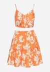 Pomarańczowo-Biały Komplet Krótki Top na Ramiączkach Spódnica w Kwiaty Tiamaly