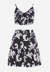 Czarno-Biały Komplet Krótki Top na Ramiączkach Spódnica w Kwiaty Tiamaly