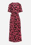 Czarno-Różowa Kopertowa Sukienka z Gumką w Pasie i Materiałowym Paskiem z Ozdobnymi Wycięciami Agea