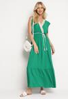 Zielona Kopertowa Sukienka z Bawełny i z Wiskozą z Gumką w Talii i Przeplatanym Sznurkiem Tiamacy