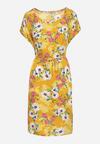 Żółta Wiskozowa Sukienka w Kwiaty z Materiałowym Paskiem w Talii Aristina