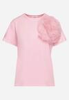 Różowy T-shirt Koszulka z Krótkim Rękawem i Aplikacją w Kształcie Kwiatu Nestairis
