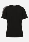 Czarny T-shirt Koszulka z Krótkim Rękawem i Aplikacją w Kształcie Kwiatu Nestairis