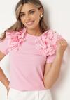 Różowy Bawełniany T-shirt Koszulka z Krótkim Rękawem Ozdobiona Aplikacją z Falbankami Aristine