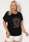 Czarny Bawełniany T-shirt z Ozdobnym Napisem i Cyrkoniami Krisiona